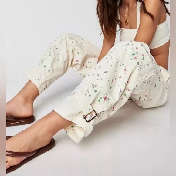 Free People Belted Painter Print Baggy Pants - Picture 3 of 7